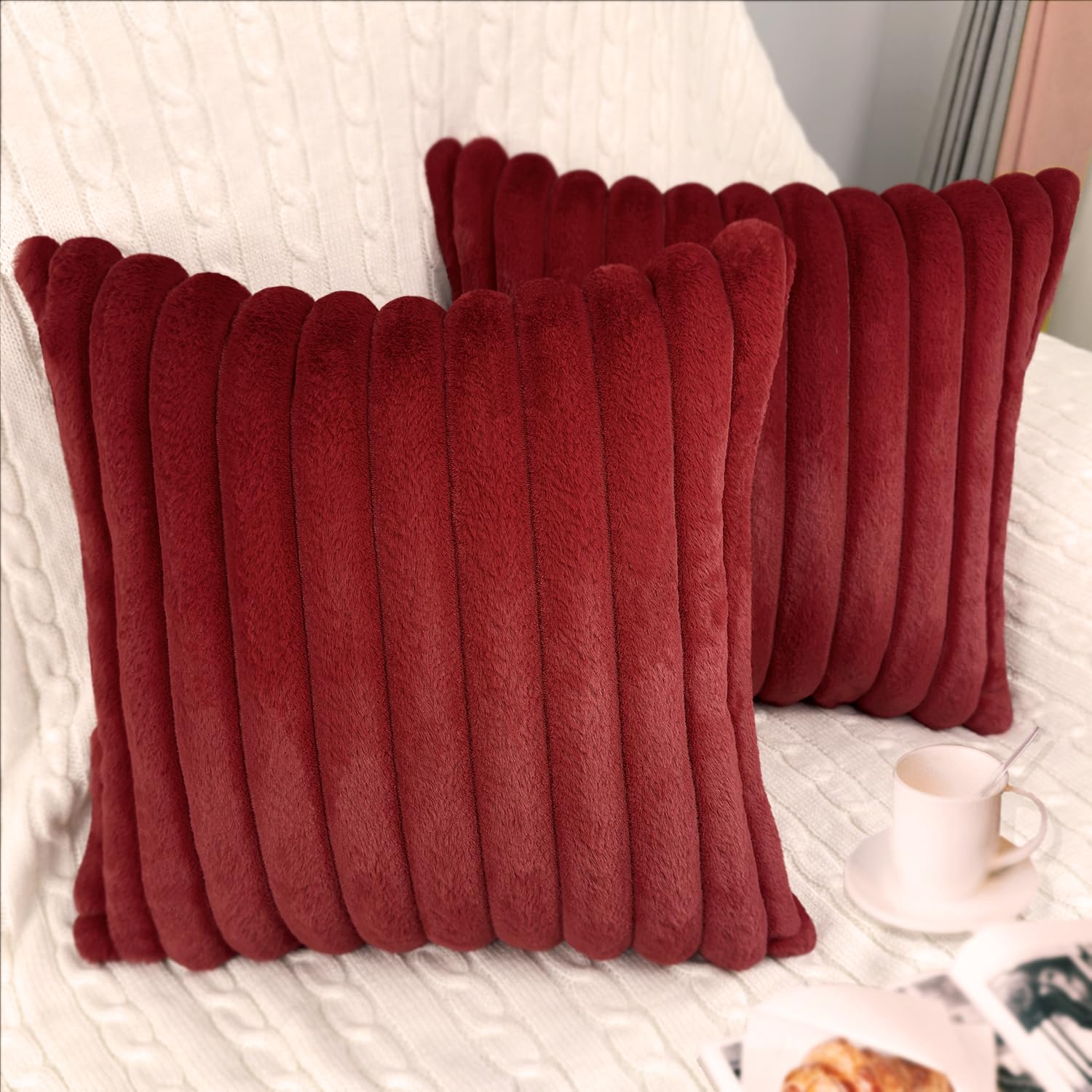 Photo 1 of 2 Pack 22x22 Pillow Cover Velvet Pillow Covers, Faux Fur Square Throw Pillow Covers for Living Room Decorations Throw Pillow Case, Throw Pillow Cover Cushion Cover for Sofa Bedroom Car, Burgundy Red
