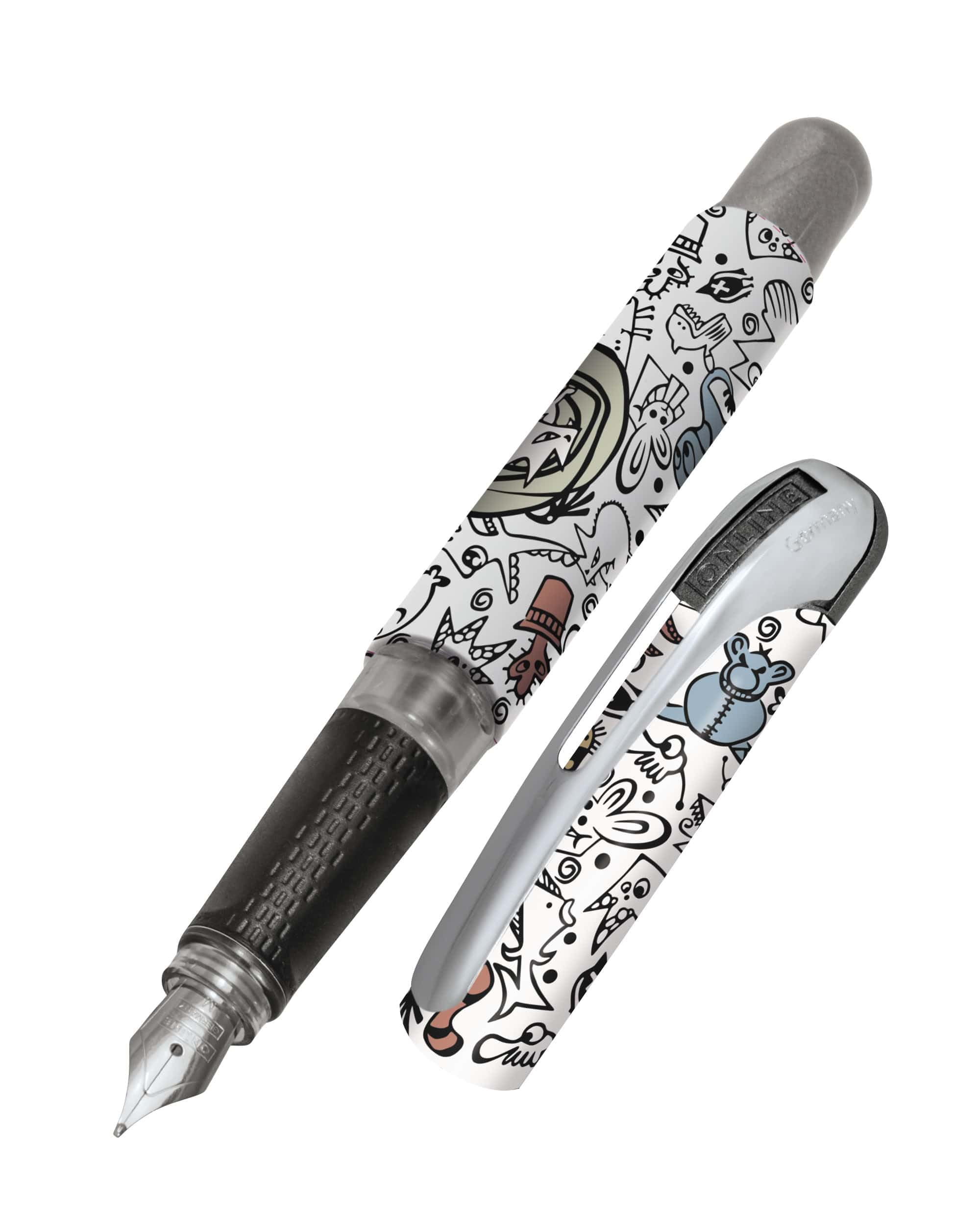 Online fountain pen College Angry Animals, ink fountain pen for right-handers, ergonomic grip, high-qual. iridium nib medium, standard ink cartridges, incl. combi cartridge blue, for allergy sufferers