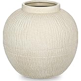 9" Large Rustic Vase with Linear Sculpture and Rich Sand Texture, Round Ceramic Vase with Wide Belly for Space Filling Decor,