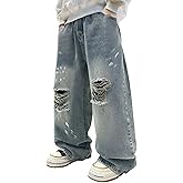 SANGTREE Boys Baggy Jeans Wide Leg Elastic Waist Casual Denim Pants for Boys 6-16years