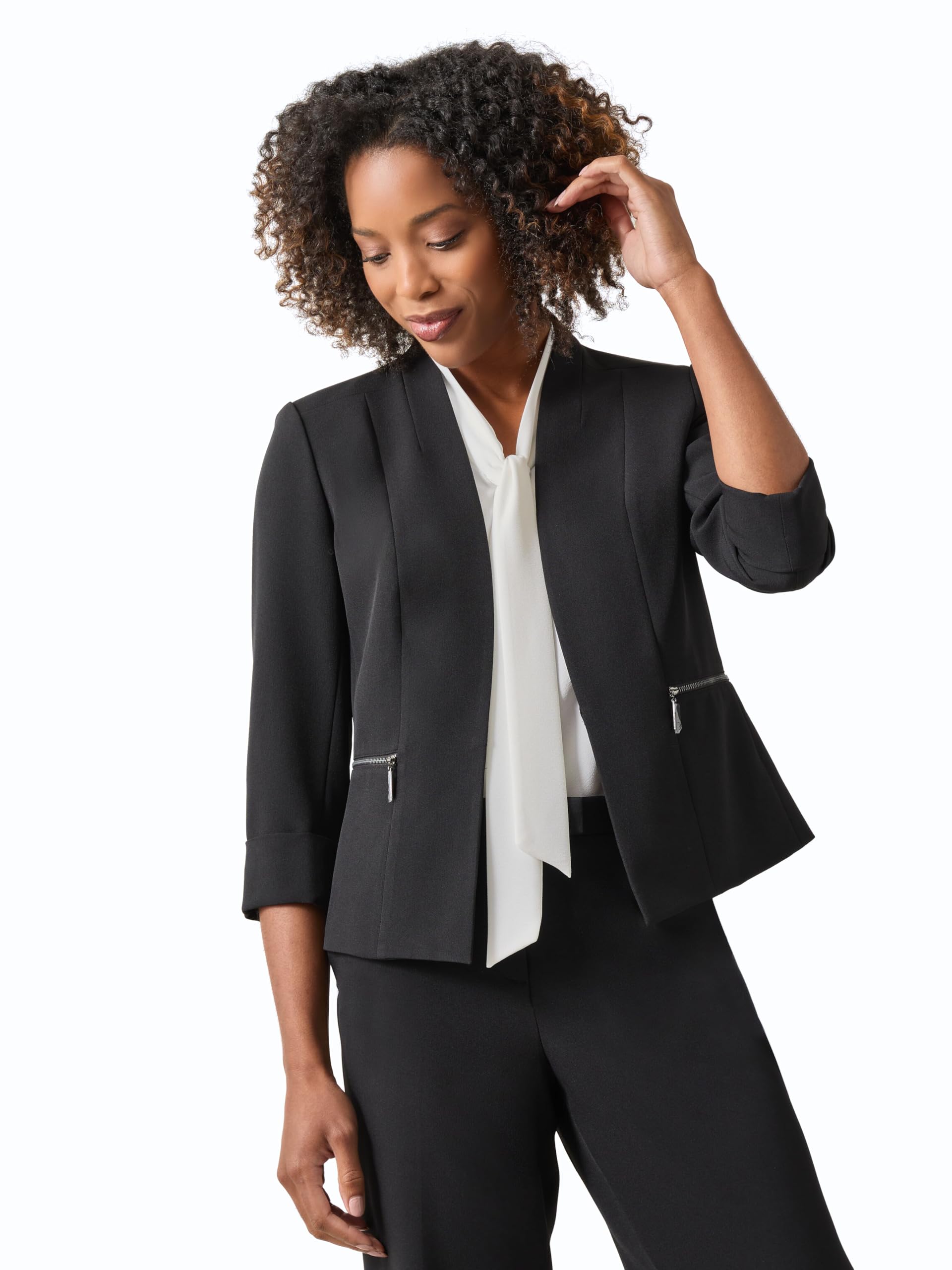 Photo 1 of Kasper Women's Petite Cardigan-Style Blazer with Rolled Cuff Sleeves, Black