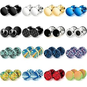 ONESING 16 Pairs Faux Gauges Earrings for Men Women Stainless Steel Mens Stud Earrings Set Screw Flat Back Ear Tunnel Fake Ga