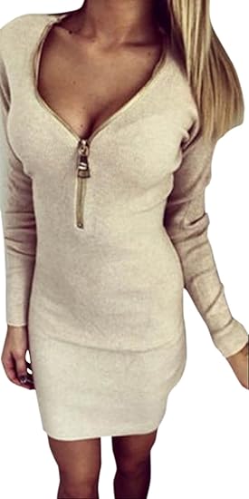 Amazon Hanixx 大人 セクシー 前開き リブ ミニ ワンピース ぴったり タイト 長袖 フロント ジップ きれいめ ベージュ M ワンピース チュニック 通販