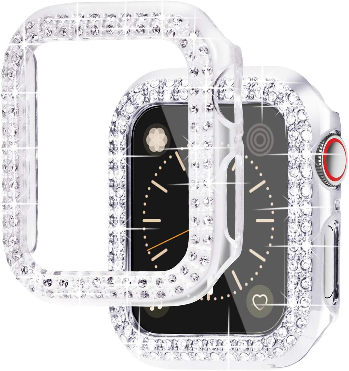Newways 2-pack Women Bling Screen Protector with Diamond Compatible with Apple Watch Series 3/2/1 38mm,Plastic Bumper Case for iWatch,Overall Protective Cover without Protective Film(Clear+Silver)