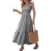 Caracilia Womens Summer Casual Maxi Dress Ruffle Spaghetti Strap Gingham Smocked Long Dresses 2026 Spring Vacation Sundress