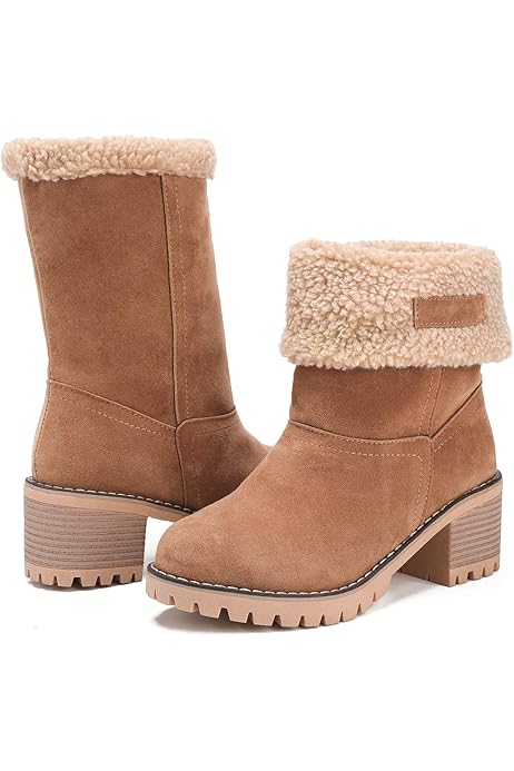 women cute warm short boots suede chunky mid heel round toe winter snow ankle booties