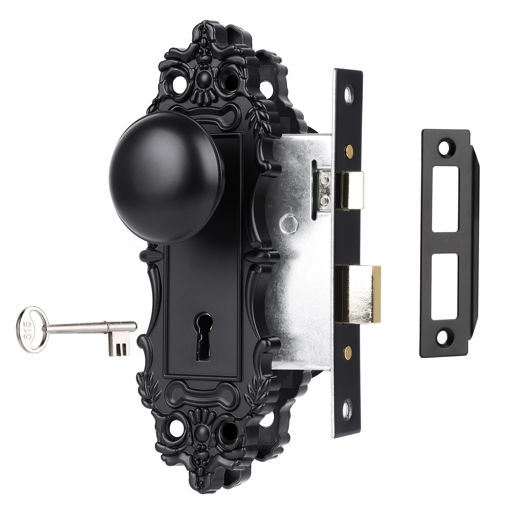Photo 1 of ToPToToo Mortise Lock Set for Interior Door, Matte Black Door Knob with Lock and Skeleton Key, Antique Old Style Door Knob Lock Replacement, Vintage Mortise Door Knobs for Interior Doors