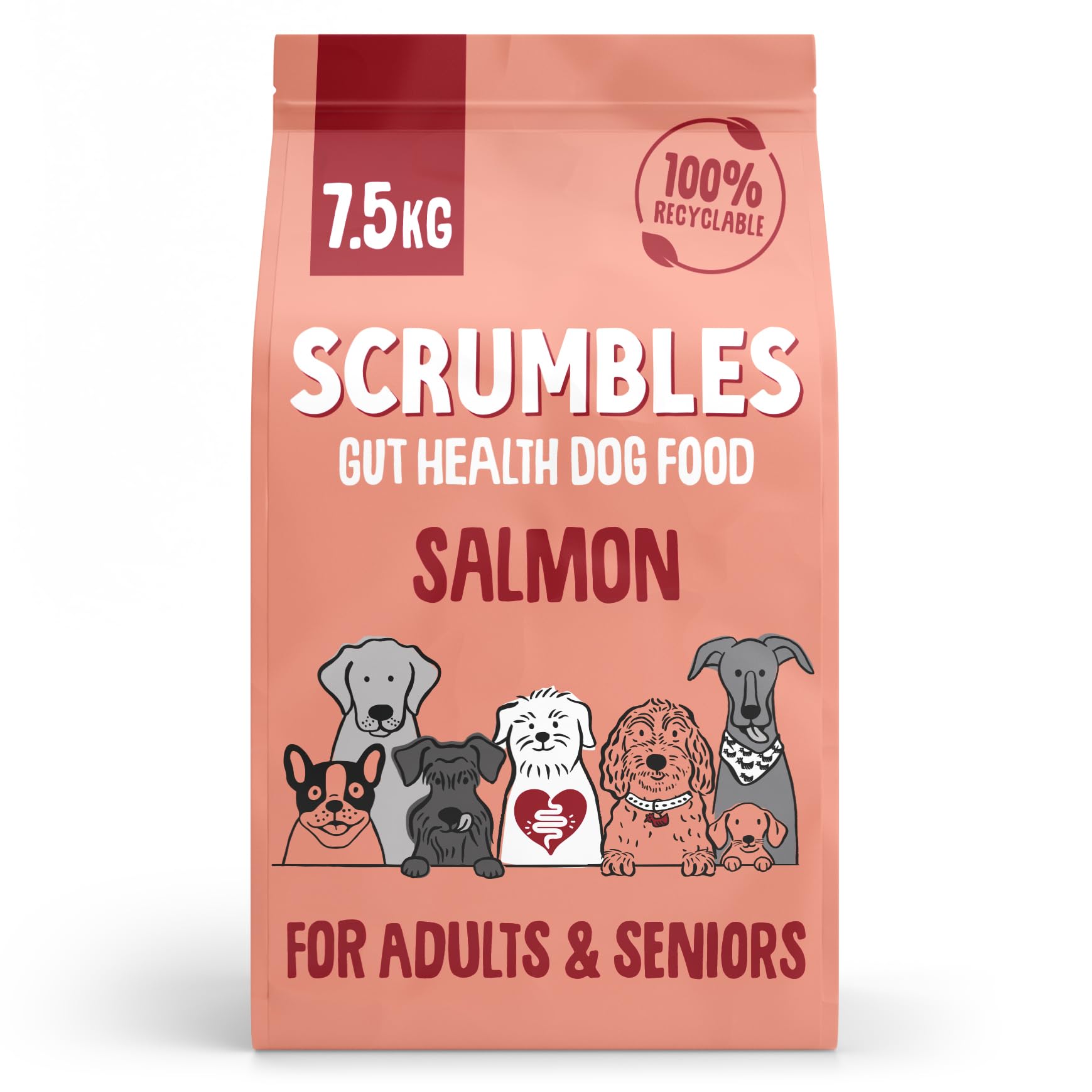 Scrumbles Natural Dry Dog Food, Grain Free Recipe with Fresh Salmon, for Adults and Senior Breeds, 7.5 kg Bag