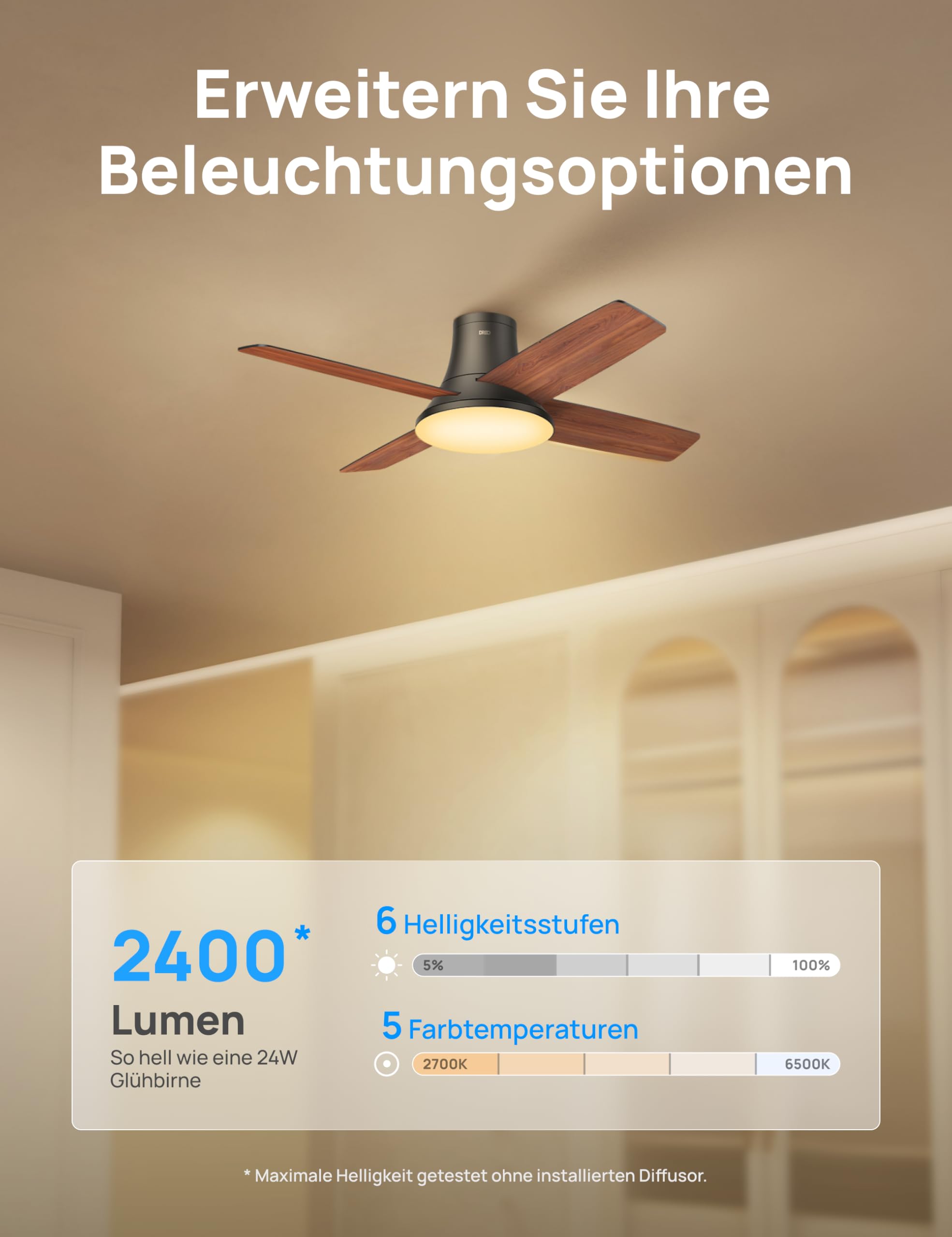 Dreo Ceiling Fan with Light and Remote Control, 44 Inch Flat Black Reversible 5CC 6 Level Dimmable 6 Speeds Quiet Timer Easy Assembly for Bedroom