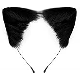 Edoneery Halloween Cat Fox Wolf Faux Fur Ears Headband, Handmade Hair Accessory for Adult Costume Cosplay & Fancy Dress Parties(Black)