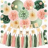 Sage Green and Peach Birthday Decorations Boho Beige Peach and Olive Green Birthday Decorations for Women Girls Cream Fans Pom Poms Sage Olive Pink Cream Tassel Garland Party with Banner Beige Gold