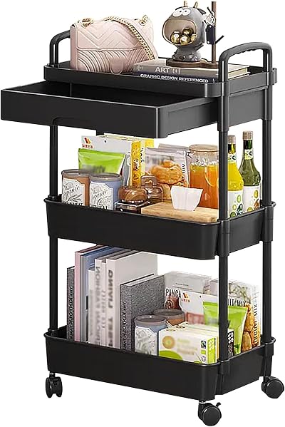 DUOJIN 3 Tier Rolling Utility Cart with Lockable Wheels & Mesh Baskets