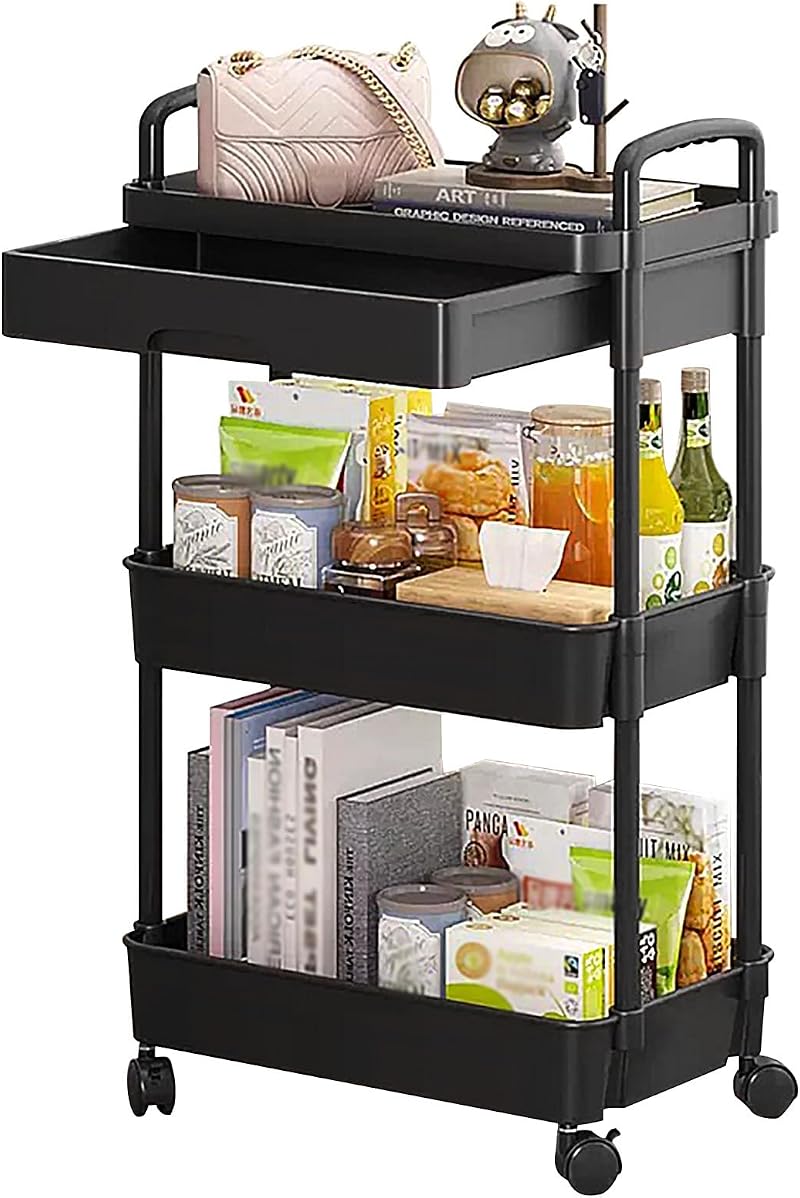 DUOJIN 3 Tier Rolling Utility Cart with Lockable Wheels & Mesh Baskets
