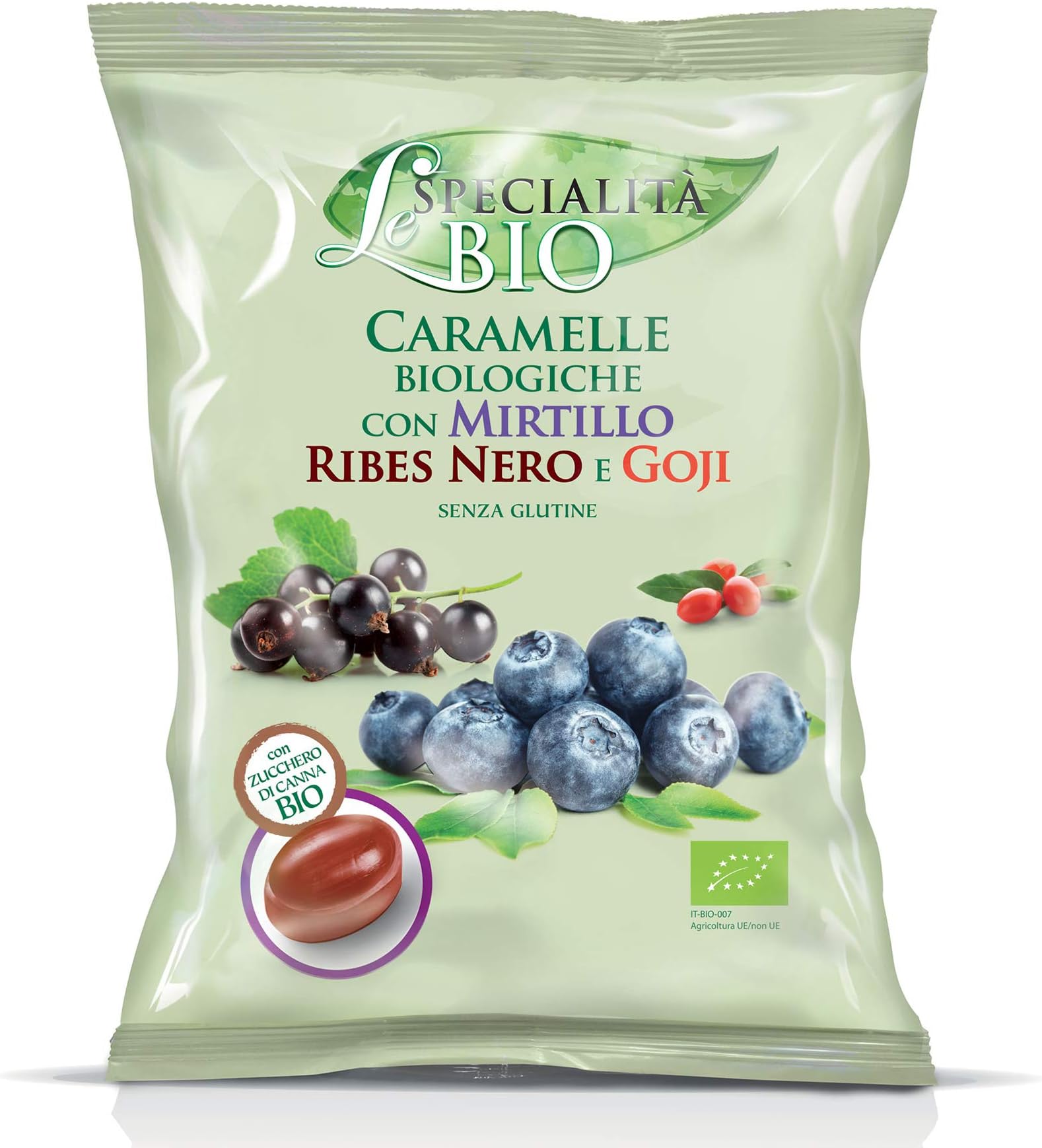 "Le Specialitá Bio" Italian Organic Hard Candy filled with Blueberries, Black Currants, and Goji Berries (2.82 Oz)