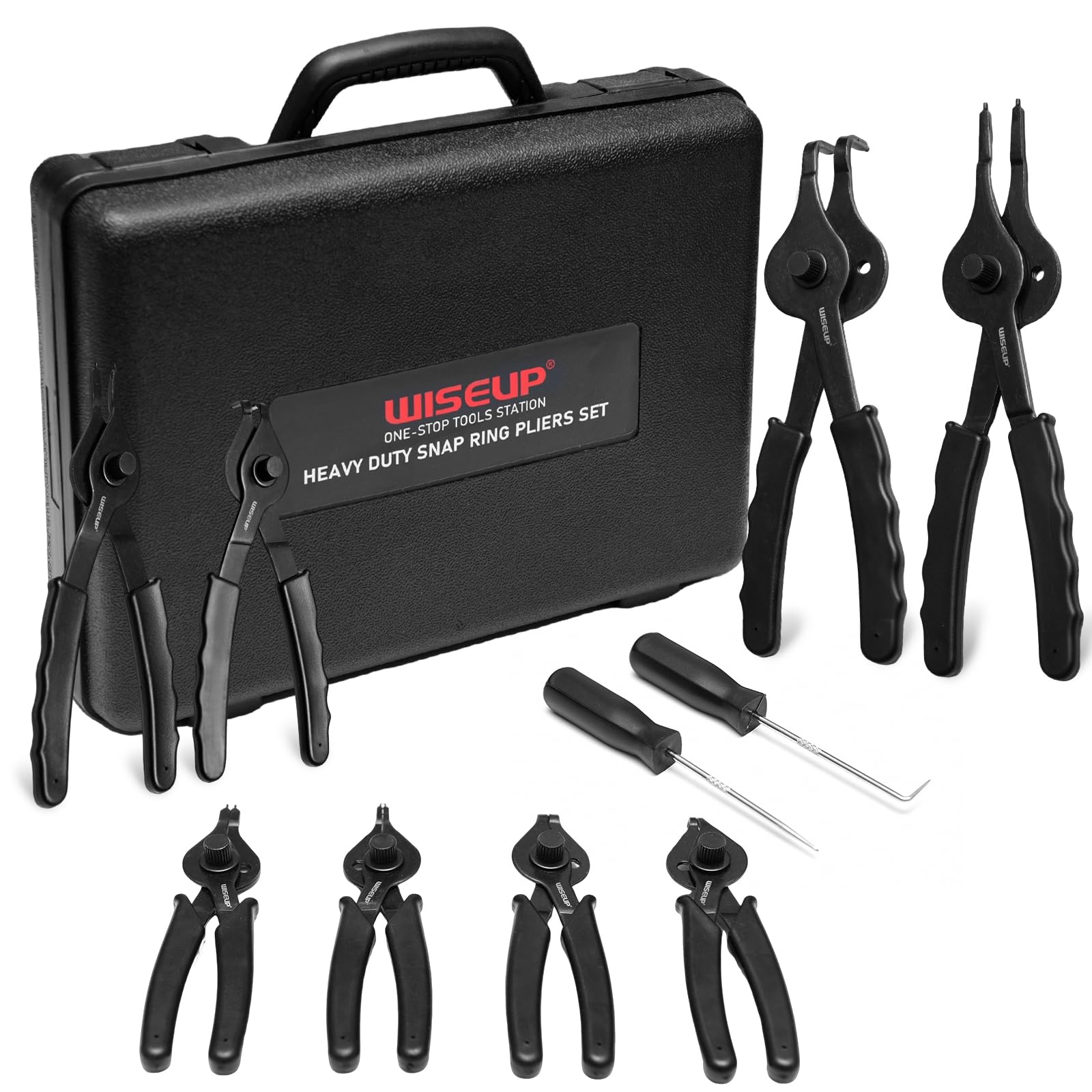 Photo 1 of WISEUP 10-Piece Snap Ring Pliers Set, Heavy Duty Internal/External Circlip Pliers Kit with Straight Bent Pliers Hook an Pick, Straight/Bent Jaw Tips for C-Clip Ring Remover with Storage Case