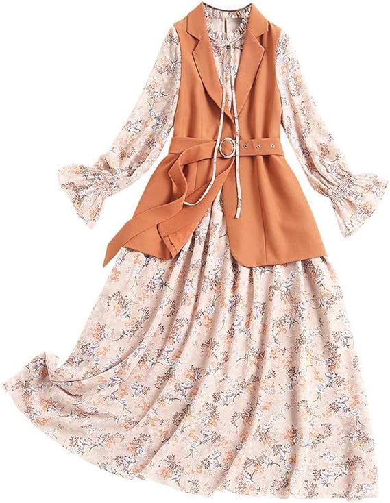 Amazon 花柄スカートレディース 秋冬 ワンピース セットアップ レディース 折り襟 長袖 花柄 ハイウエスト シャツ ワンピース セットアップ ワンピース チュニック 通販