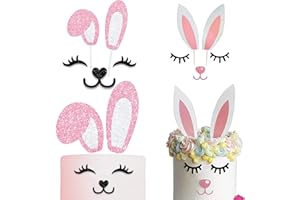 EYIGYLYO Easter Bunny Cake Toppers Decorations Glitter Bunny Ears Cake Topper with Eyelashes Nose Picks for Easter Rabbit Theme Party Decorations Spring Party Supplies