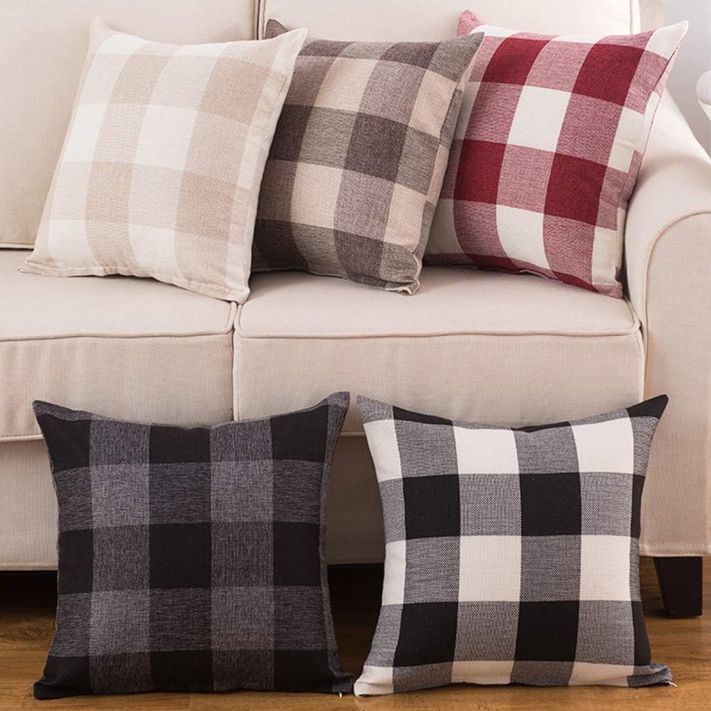 Burlap Farmhouse Decor Buffalo Checkers Plaid Cotton Linen Decorative Throw Pillow Cover Rustic Cushion Cover Pillowcase for Sofa 18 x 18 Inch, Set of 2 (Black/White, 18"×18"): Kitchen & Dining