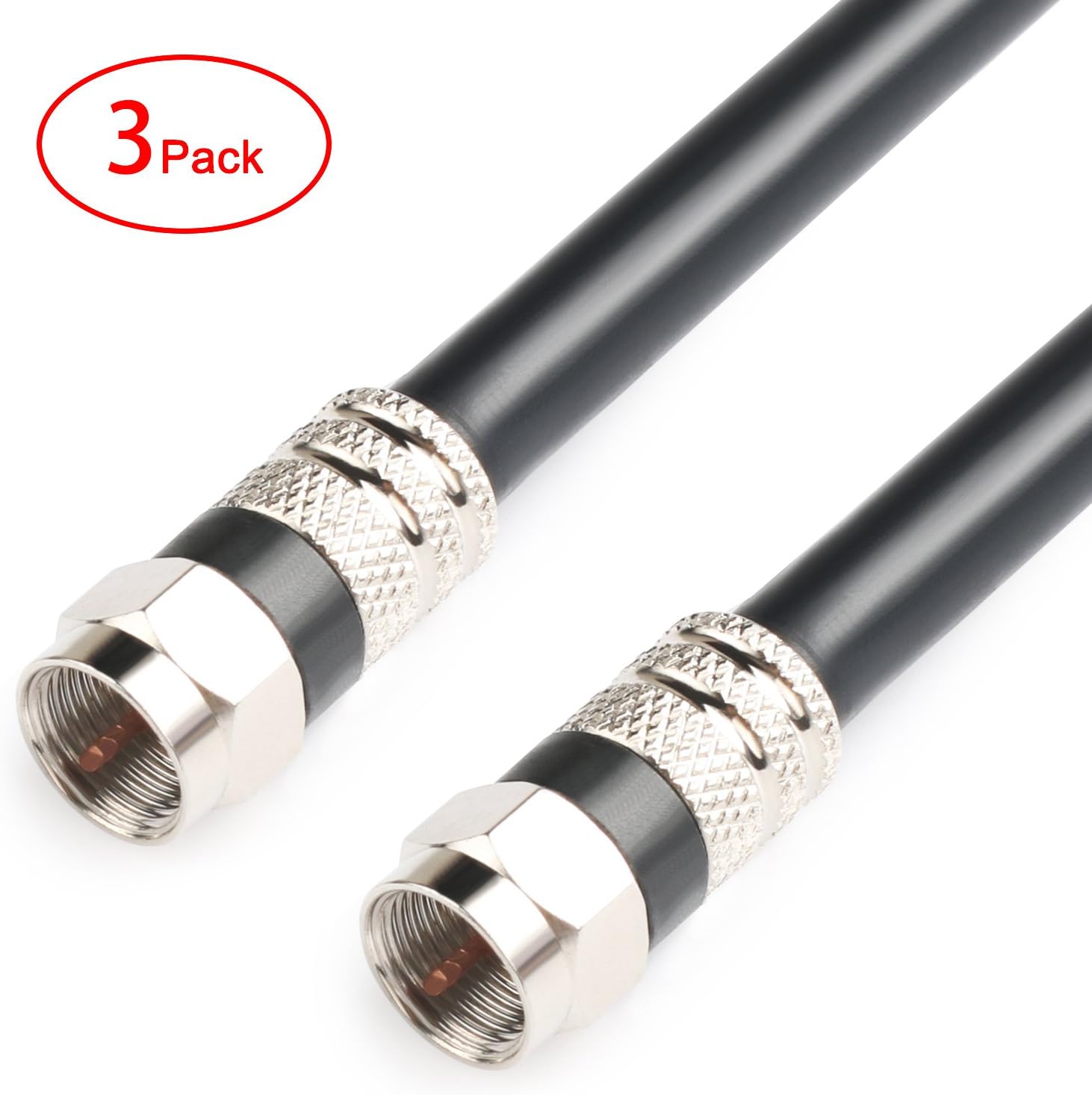 Postta Digital Coaxial Cable(10 Feet 3 Pack) Quad Shielded Black RG6 Cable with F-Male Connectors