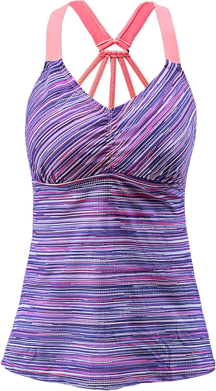 EVALESS Womens Floral Printed Padded Wide Strap Tankini Swim Top