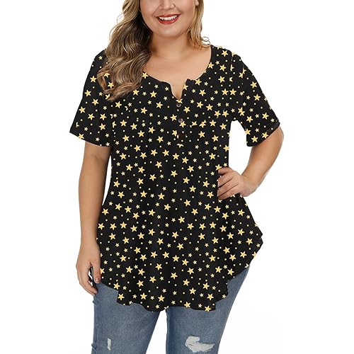 ALLEGRACE Women's Plus Size Floral Blouses Henley V Neck Button Up Tunic Tops Ruffle Flowy Short Sleeve T Shirts