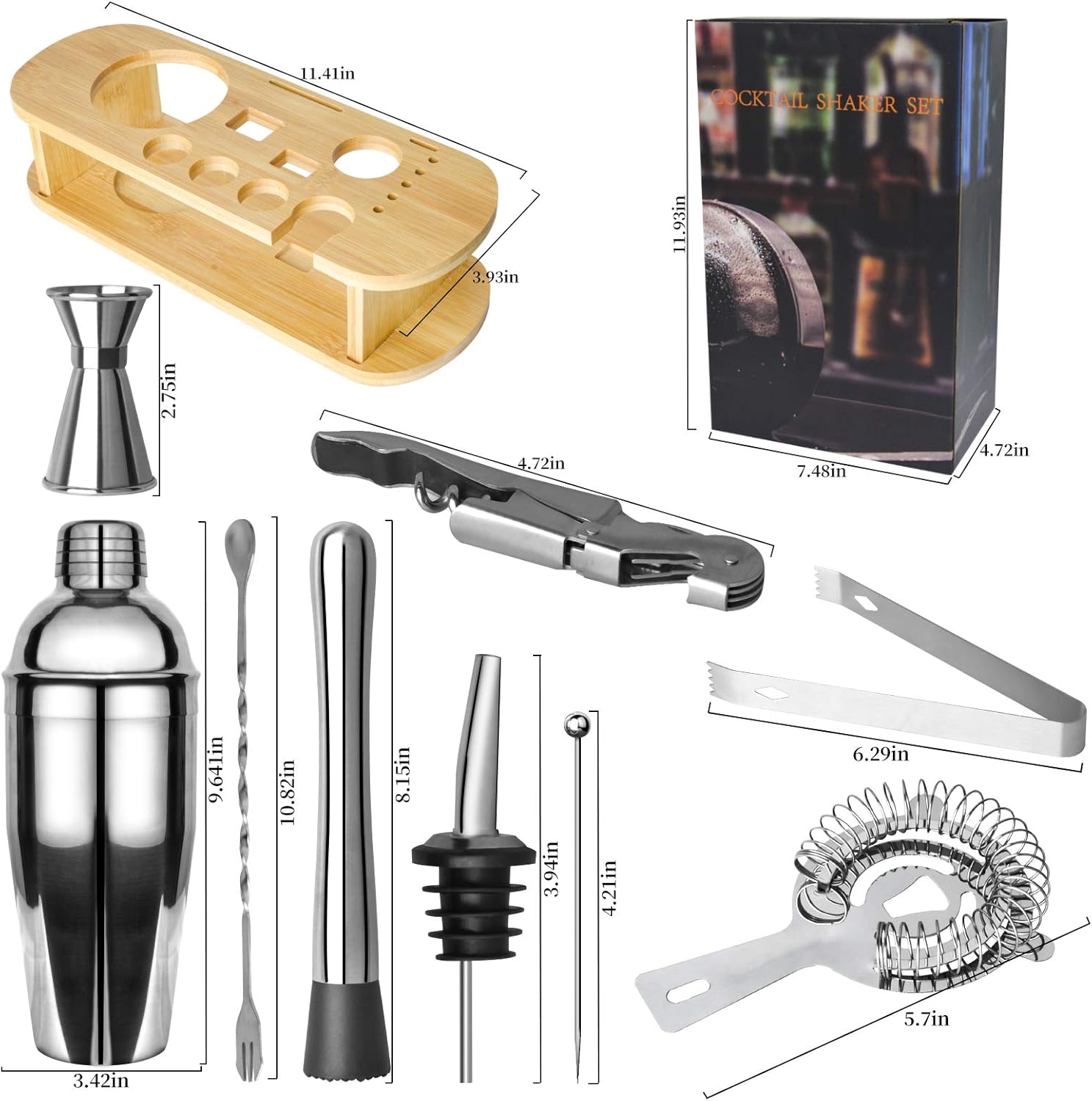 Bar Set Cocktail Shaker Set - 16 Piece Bartender Kit with Bamboo Stand Premium Stainless Steel Bartendering Tool for Home, Bars, Traveling, Outdoor Parties (Silver): Kitchen & Dining