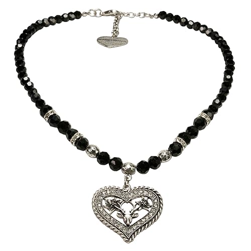 Alpenflüstern Perlen-Trachtenkette Strassherz-Hirsch - Damen-Trachtenschmuck mit Strass-Trachtenherz und Hirsch-Kopf, Elegant