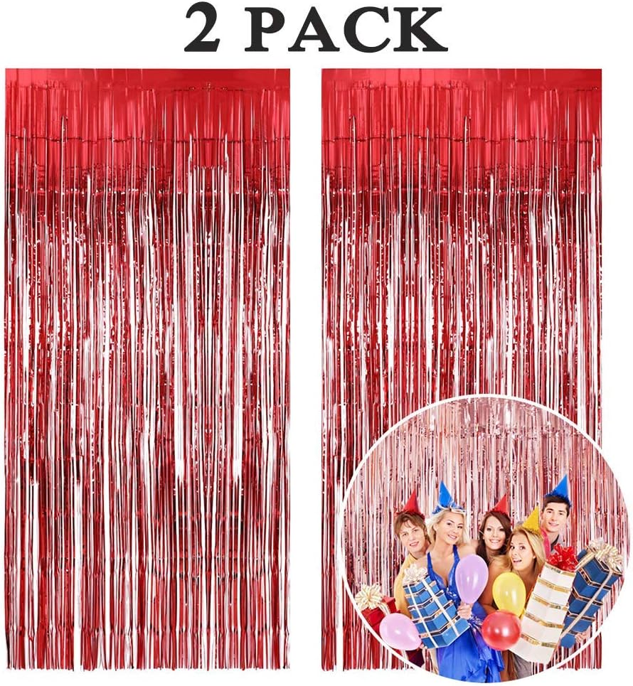 Aniyoo Foil Curtain 2pack Metallic Tinsel Curtains 3.3ft x 9.8ft Fringe Shimmer Curtain for Birthday Wedding Party Halloween Xmas Door Window Decorations (Red)