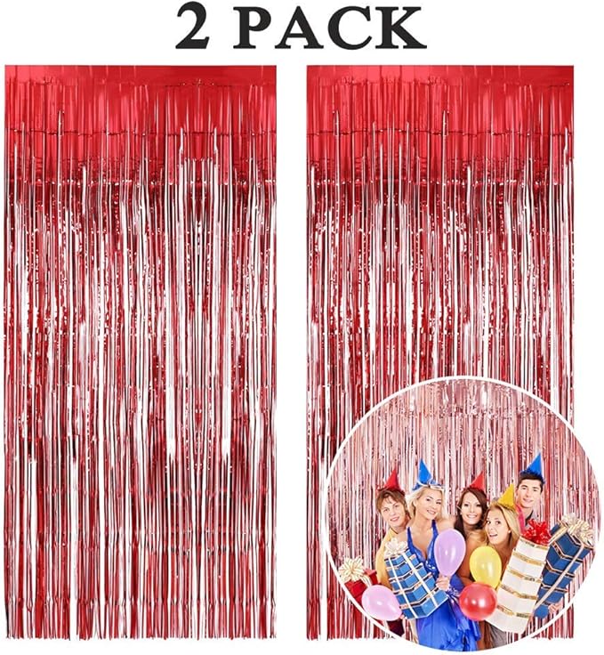 Aniyoo 2pack Red Foil Curtain Metallic Tinsel Curtains 3.3ft x 9.8ft
