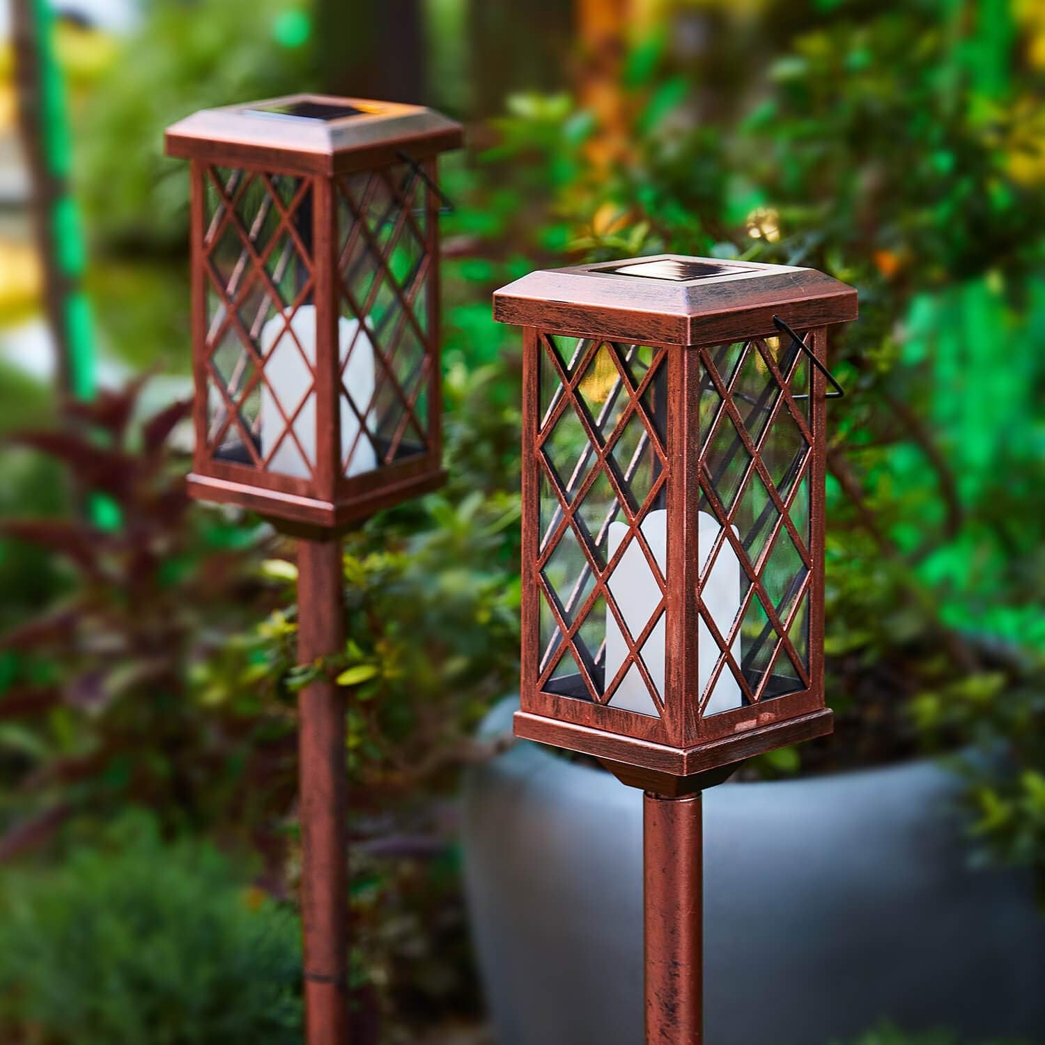 2Pack Outdoor Solar Garden Lights Decorative Flickering Flameless Candle Stake Lights Table Lantern for Patio, Yard, Lawn, Walkway (Bronze) : Garden & Outdoor