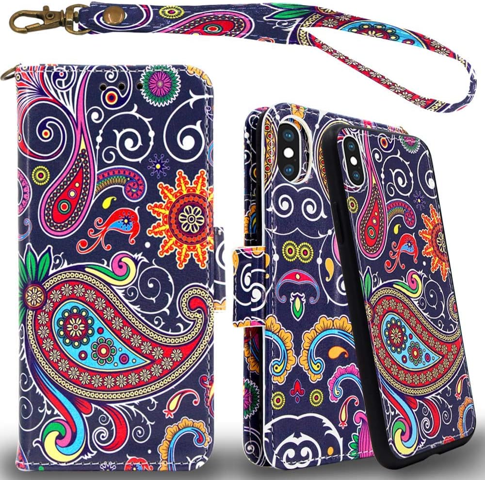 Mefon iPhone Xs Max Detachable Leather Wallet Phone Case, with Tempered Glass and Wrist Strap, Enhanced Magnetic Closure, Durable Slim, Luxury Flip Folio Cases for Apple iPhone Xs Max (Paisley 1)