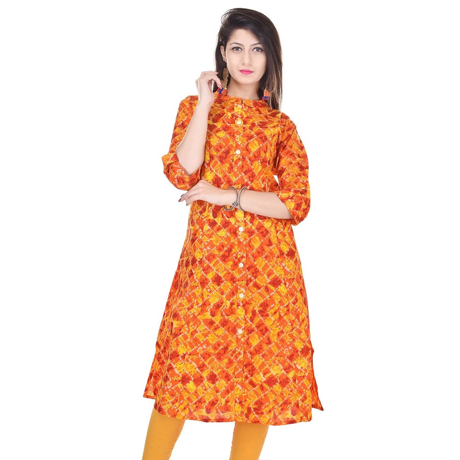 rajmandirfabrics women's cotton straight chinese neck printed kurti (pk1015328_yellow)