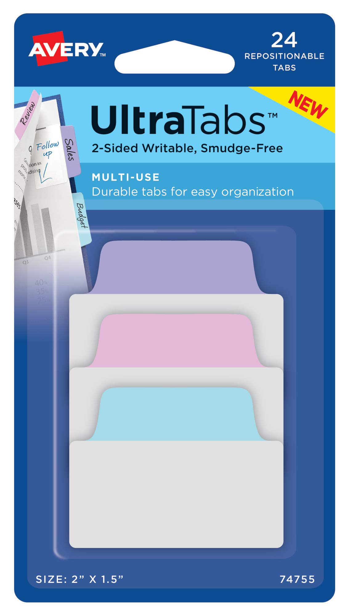 Avery Multiuse Ultra Tabs, 2" x 1.5", 2-Side Writable, Pastel Blue/Pink/Purple, 24 Repositionable Tabs (74755)