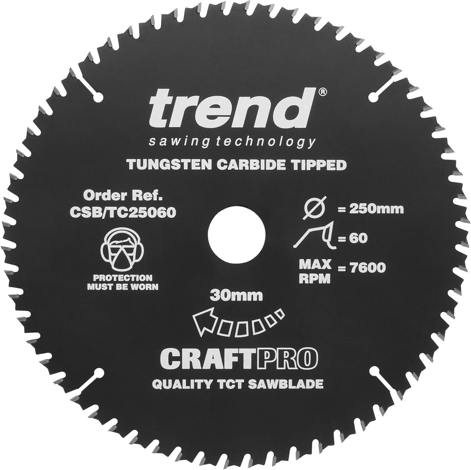 Trend Wood PTFE Circular Saw Blade, 250mm Diameter, 30mm Bore, 60 Teeth, TCT, 3mm Kerf, +15° Hook, CSB/TC25060