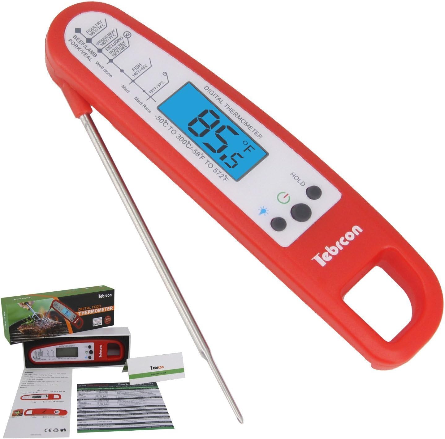 Grilling Thermometer - Instant Read Barbeque Thermometer - BBQ Thermometer with Long Probe, Magnet & Backlit for Cooking,Grill,Food,Steak,Milk,Meat,Water and Baking (by Tebrcon)