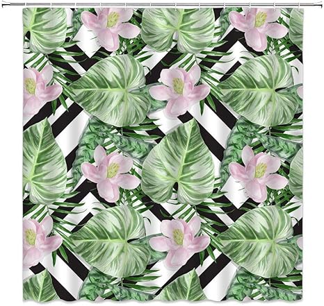 Amazon Amxxy 緑の葉シャワーカーテン熱帯のヤシの葉バナナの葉花幾何学的な縞模様花の植物ジャングル水彩自然抽象的なエキゾチックな装飾生地バスルームカーテン70x70in 緑 シャワーカーテン ホーム キッチン オンライン通販