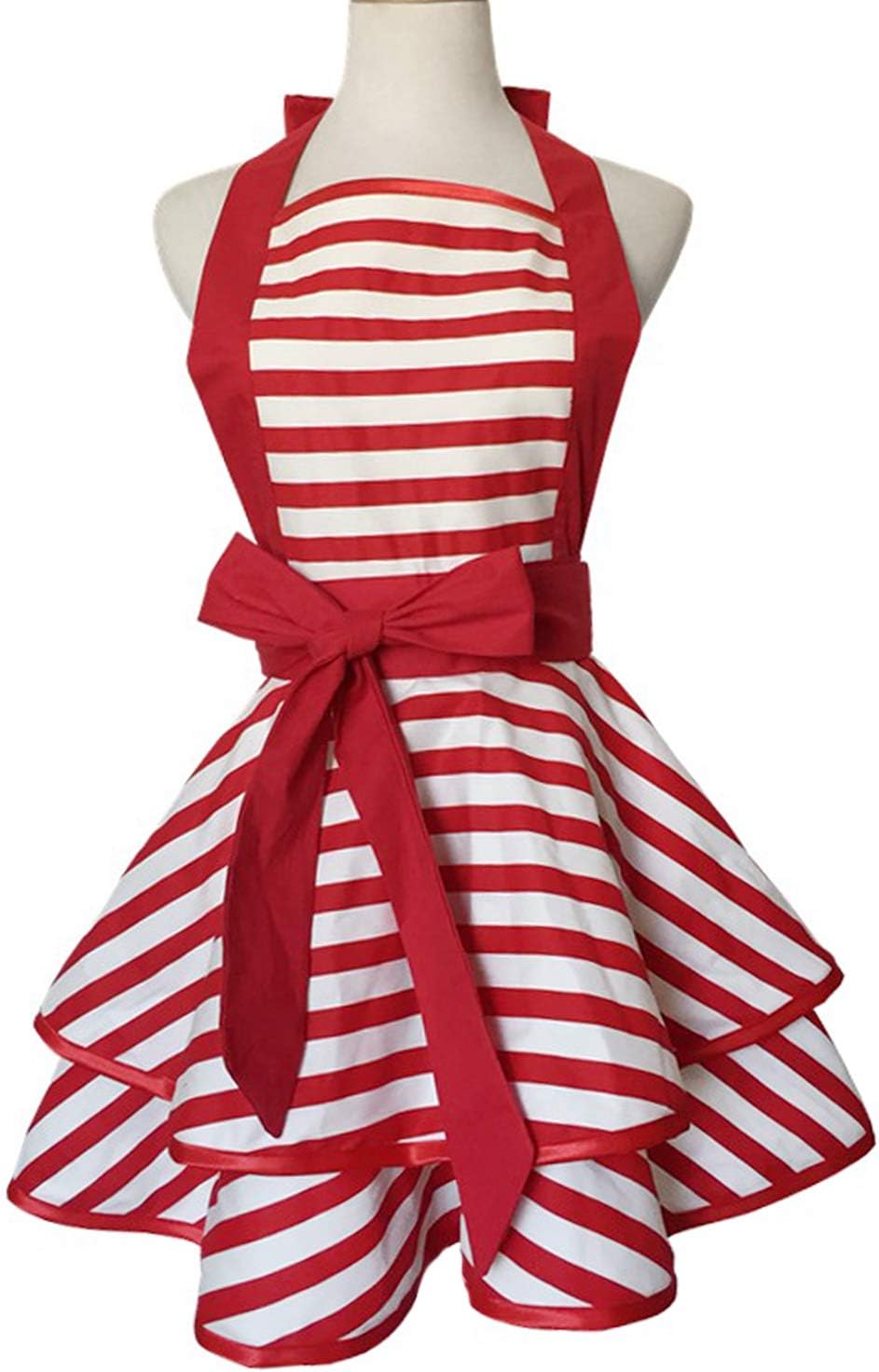 Violet Mist Cute Retro Apron Lacy Vintage Maid Polka Dot Cooking Apron Kitchen Adjustable Bib Aprons for Women Ladies (Red Stripe)