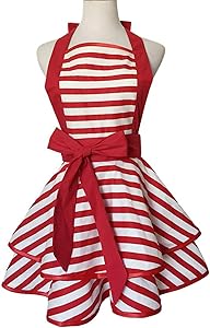 Violet Mist Cute Retro Apron Lacy Vintage Maid Polka Dot Cooking Apron Kitchen Adjustable Bib Aprons for Women Ladies (Red Stripe)