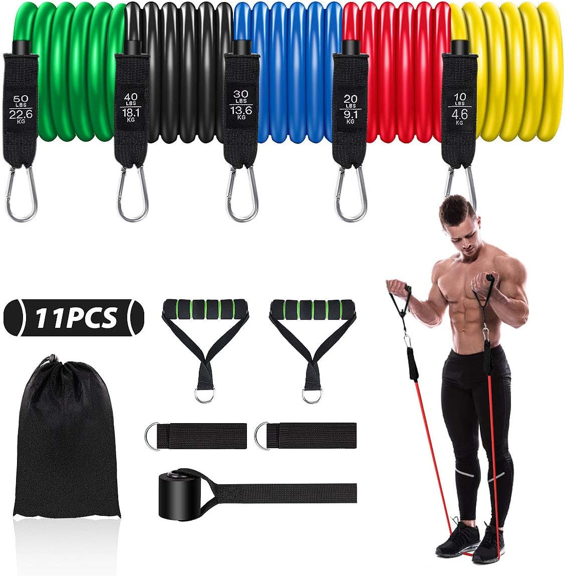 N-A Resistance Bands Set (11pcs)-5 Piece Exercise Bands with Handles, Fitness Bands with Door Anchor & Ankle Straps for Resistance Training, Physical Therapy, Home Workouts-Stackable Up to 150 lbs. : Sports & Outdoors