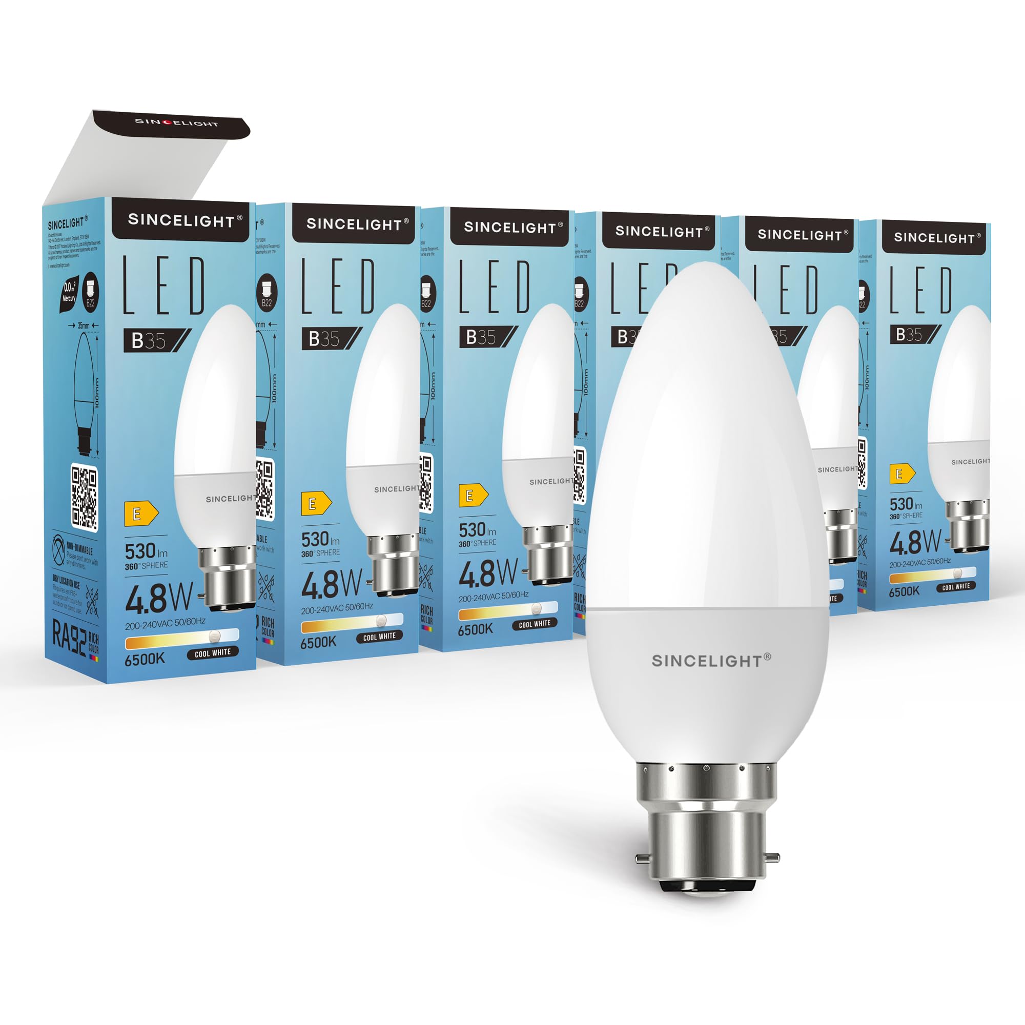 B22 LED Candle Light Bulb, B35 Shape with Milky Diffuser, 5 Watt, Cold White 6500K & RA≈92 High Color Rending, 500 Lumens≈50W Equivalent, Non-Dimmable, ES Edison Screw, Pack of 6