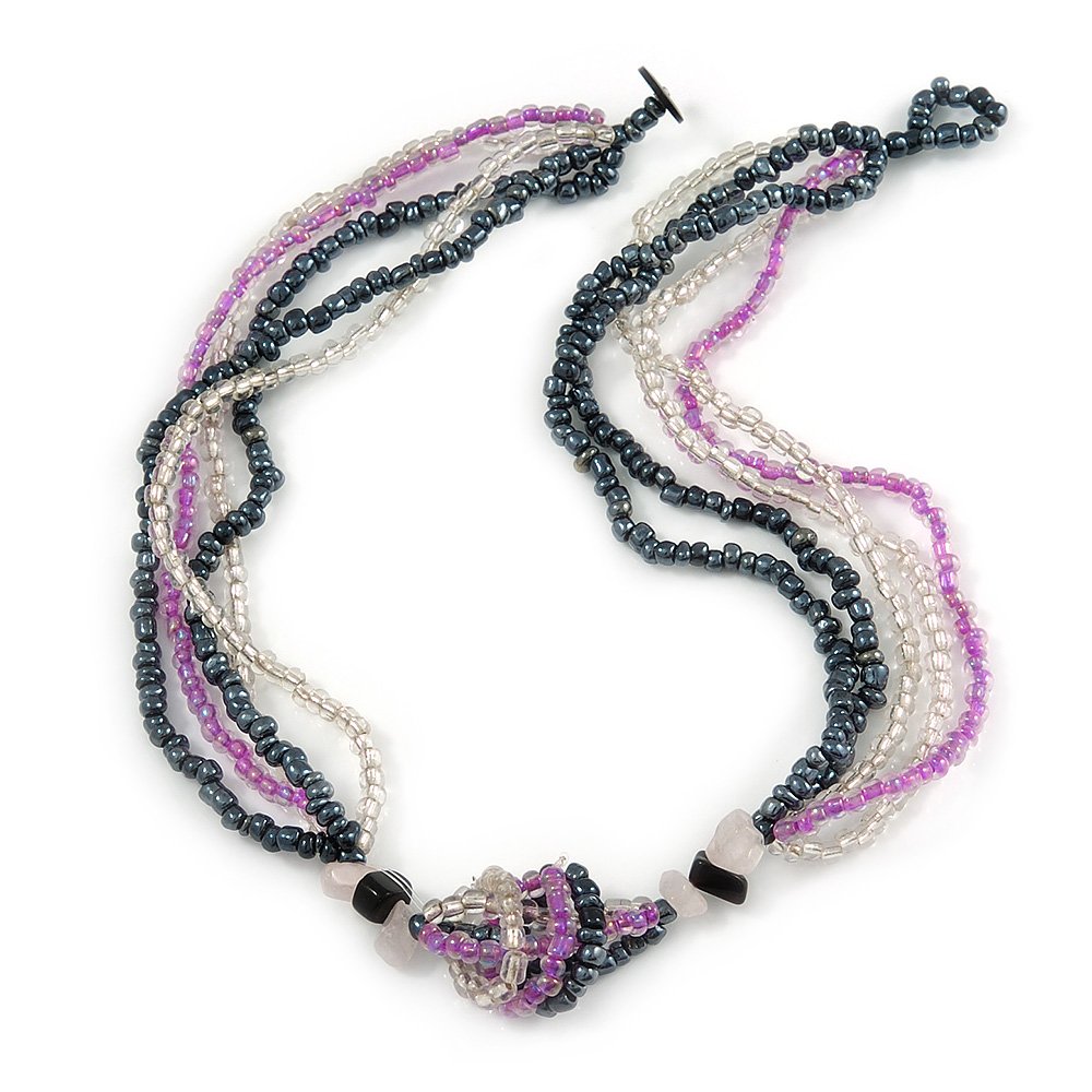Avalaya Multistrand Glass Bead Necklace in Transparent/Hematite/Pink Colours/ 43cm L