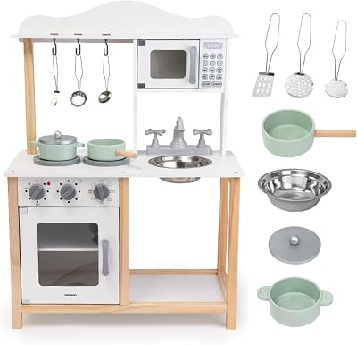Cucina Giocattolo per Bambini in Legno - Cucina Completa con Forno, Microonde e Lavello - Set Montessori con Accessori e Suoni Meccanici per Bimbi da 3 Anni