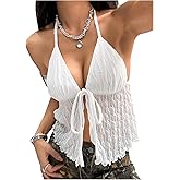Floerns Women's Y2k Sleeveless Cami Top Halter Neck Backless Sheer Mesh Camisole Going Out Top
