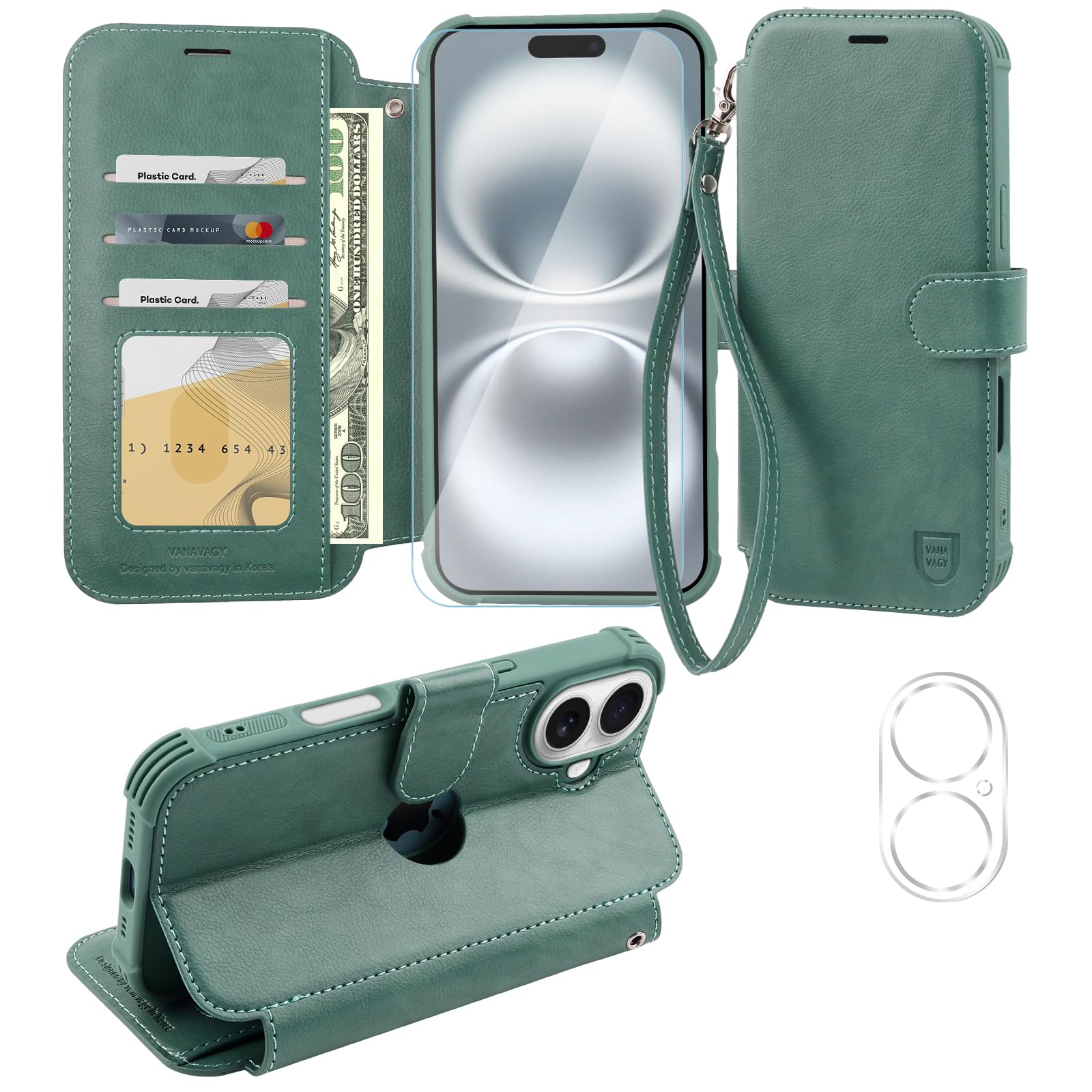 VANAVAGY Compatible for iPhone 16 Plus Wallet Case, 12ft Drop Protection, RFID Blocking PU Leather Flip Cover, Card Holder & Kickstand, Shockproof Phone Case for 16 Plus-6.7 Inch,Forest Green