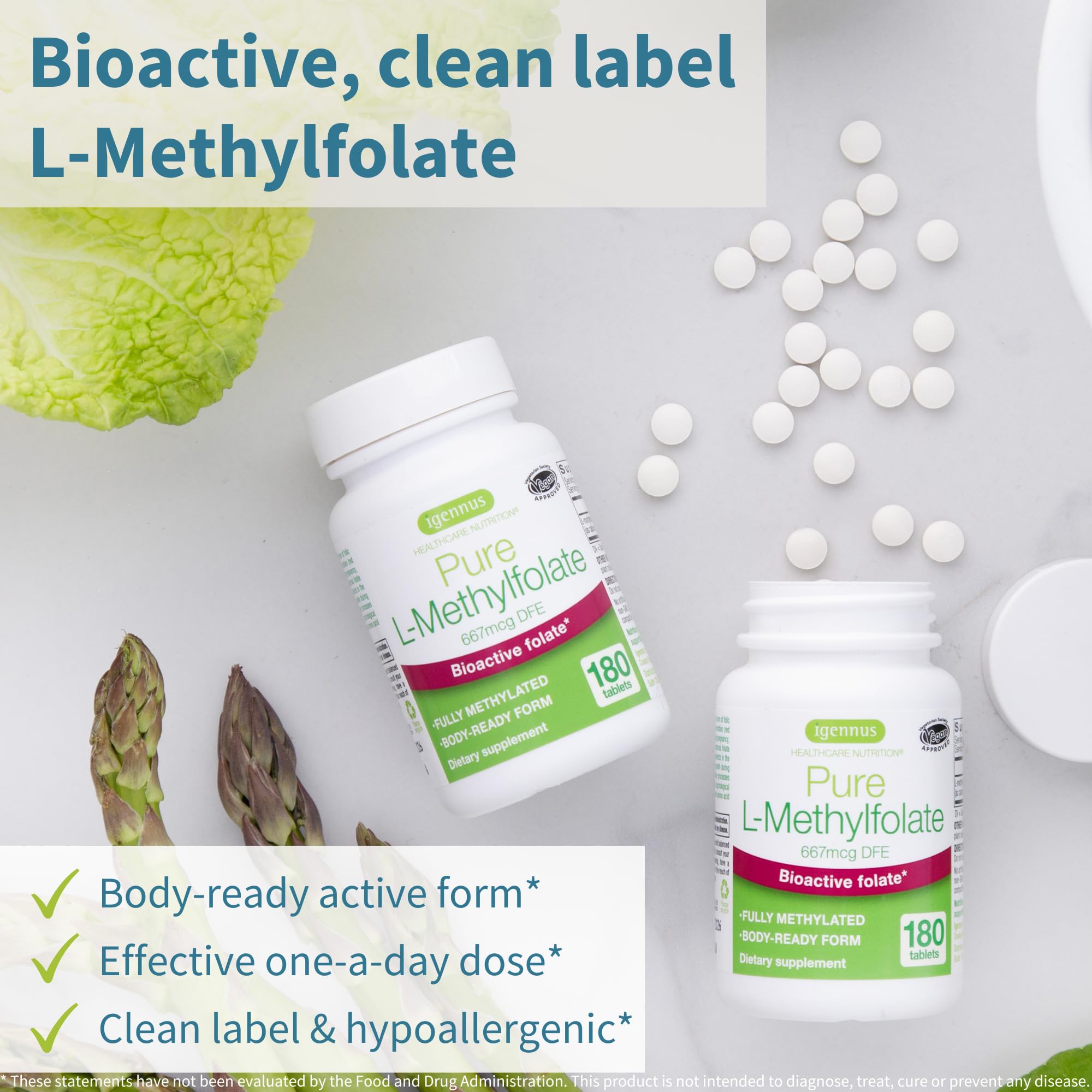 Igennus Pure Methyl Folate 400 mcg, 180 Tablets, Clean Label, Methylated Form of Folic Acid 5-MTHF (Vitamin B9), Vegan, Suitable for Pregnancy, One-a-Day, 6 Month Supply