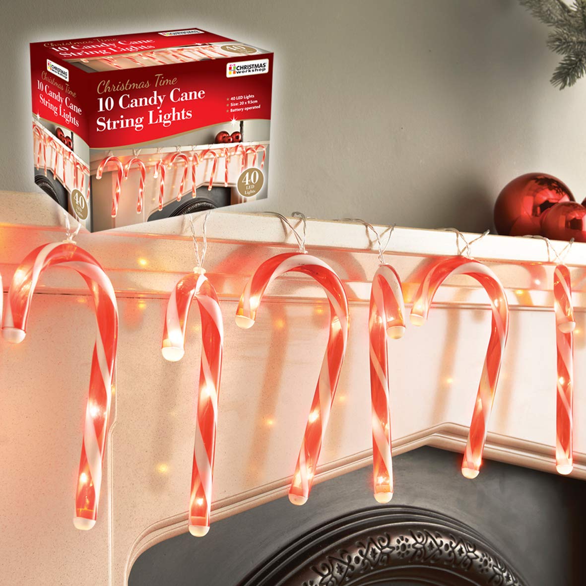 The Christmas Workshop 70039 10 LED Candy Cane Christmas String Lights | Indoor Decorations | 1.8M Lead Length with 20cm Long Candy Canes | Battery Operated, Red and White