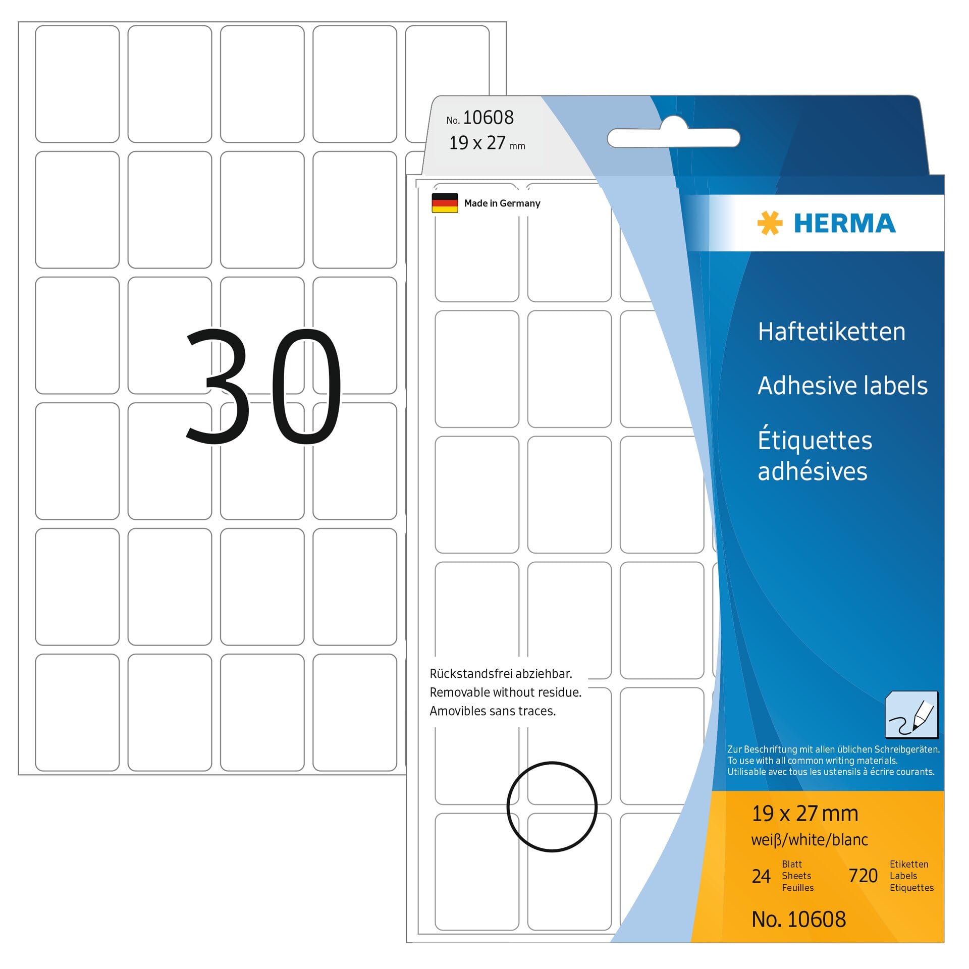 HERMA Removable Labels, 30 Labels per Sheet, 24 Sheets, 19 x 27 mm, 720 Labels, Self Adhesive Small Labels Stickers, Blank Sticky Multi Purpose Labels for Office Kitchen Home, White