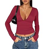 Tankaneo Women's Deep V Neck T Shirts Sexy Long Sleeve Casual Going Out Cropped Tops Slim Fitted Y2K Outfits
