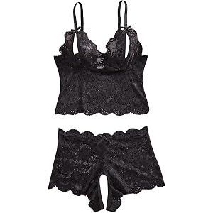 TrueVip Women's Sexy Lingerie Sets Floral Lace Cami Bralette and Panty High Waist 2 Piece Pajamas Sleepwear Set