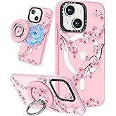 Lotadilo for iPhone 15 Plus Case for Women - Girls Kawaii Design Compatible with Magsafe Magnetic Ring Holder Stand Peach Blossom Phone Covers Aesthetic Girly TPU Funda for 15 Plus